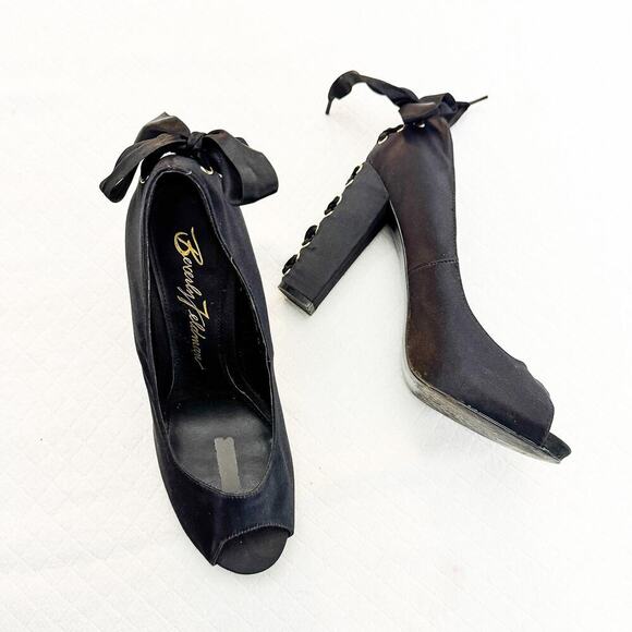 Beverly Feldman Satin Lace Up Peep Toe Heels Pump Bow Back Detail Size 8.5 - Picture 6 of 7